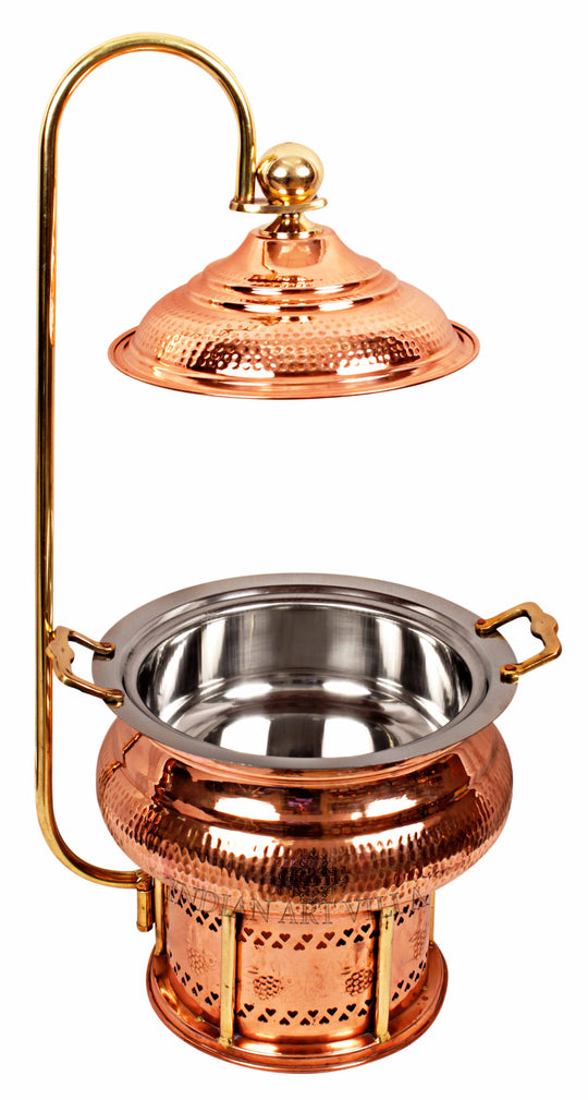 Indian Art Villa Copper Buffet Warmer with Sigdi Stand – Steel Copper Hammered Chaffing Dish for Party Serveware