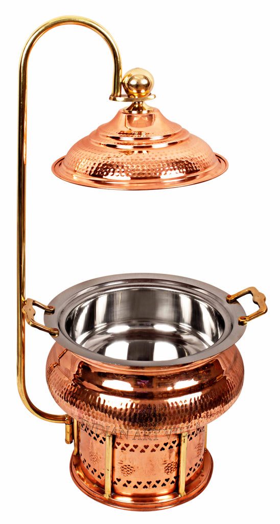Indian Art Villa Pure Steel Copper Hammered Design Chaffing Dish with Sigdi Stand & Handle, Buffet Warmer Serveware Party