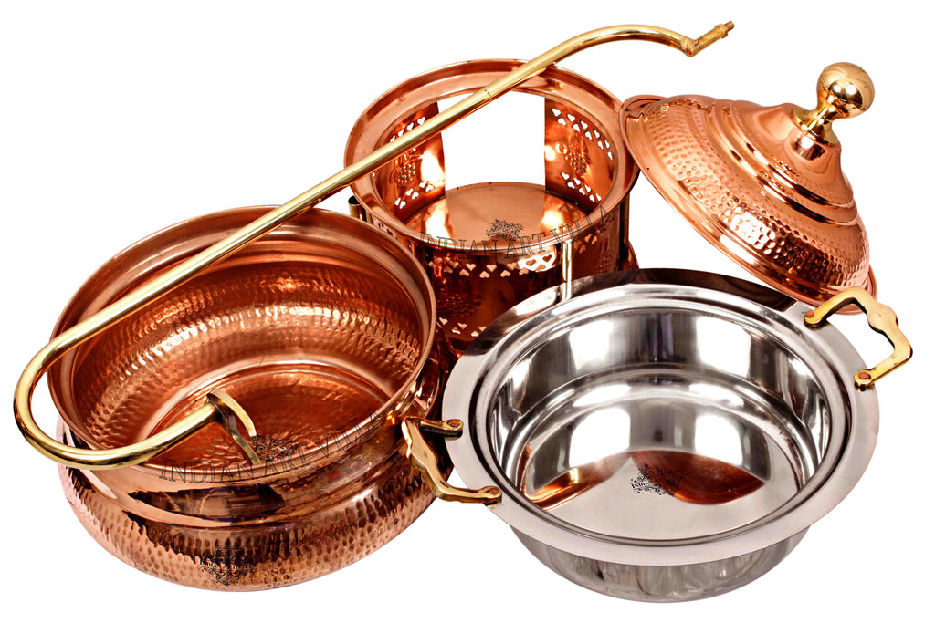 Indian Art Villa Pure Steel Copper Hammered Design Chaffing Dish with Sigdi Stand & Handle, Buffet Warmer Serveware Party