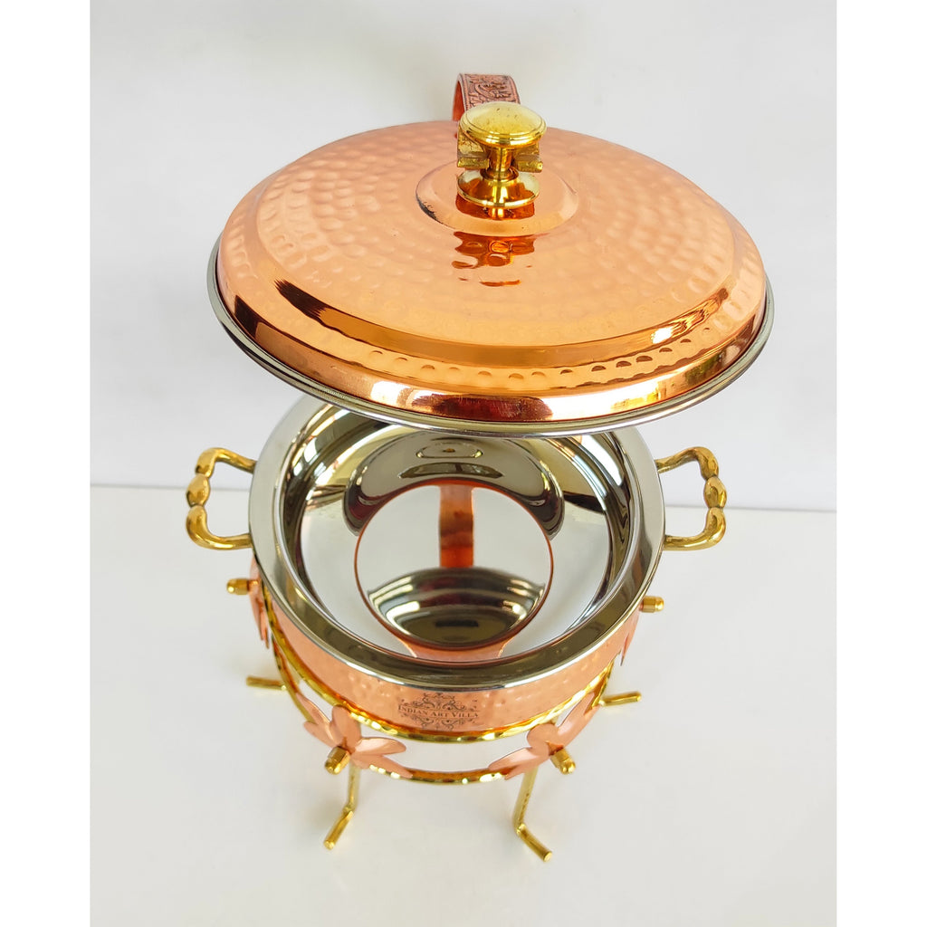 Indian Art Villa Steel Copper Chafing Dish Set of 1 Handi With Lid & 1 Brass Stand, Serveware Item for Dinner Party & Functions.