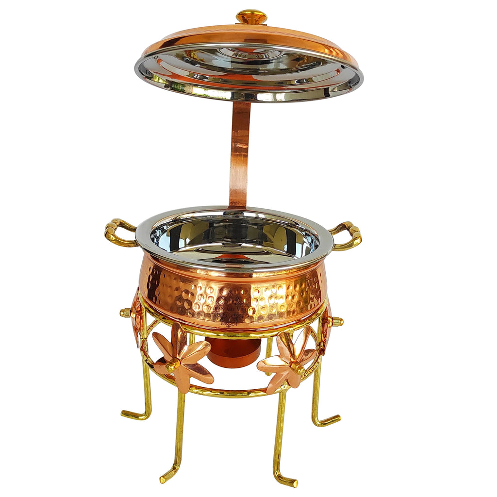 Indian Art Villa Steel Copper Chafing Dish Set of 1 Handi With Lid & 1 Brass Stand, Serveware Item for Dinner Party & Functions.