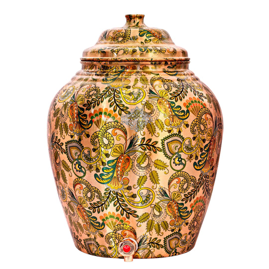 5 litre round copper matka with tap and stand in packaging box – copper water pot with stand