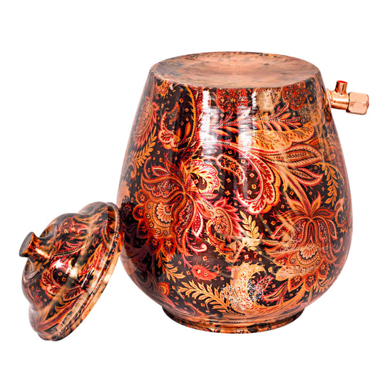Side view of round 5L copper pot with tap showing circular body and brass spigot at base – 5 litre copper water dispenser