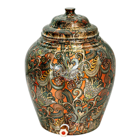 Wide angle of 5L round copper matka on stand showing large body elevated – copper water pot with stand