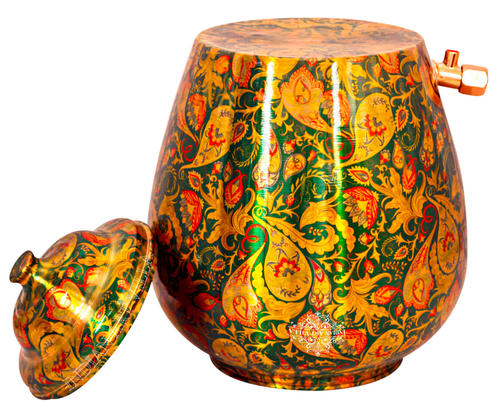 INDIAN ART VILLA Copper Designer Green Water Pot 13 Ltr.