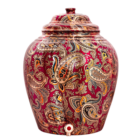 Handcrafted Pure Copper Water Pot with Maroon Printed Design, 13 Ltr.