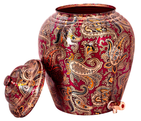 Handcrafted Pure Copper Water Pot with Maroon Printed Design, 13 Ltr.