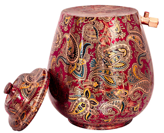 5 litre round copper matka with tap and stand – spherical tamba matka on iron stand with brass tap – 5 liter copper water pot with stand