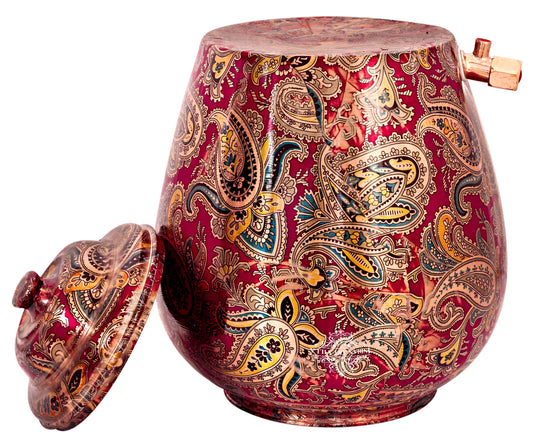 Handcrafted Pure Copper Water Pot with Maroon Printed Design, 13 Ltr.