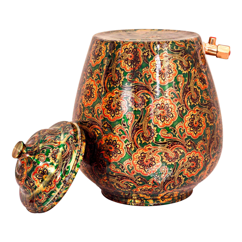 IndianArtVilla Printed Design Copper Water Dispenser Pot Matka, Stoarage, Home Garden