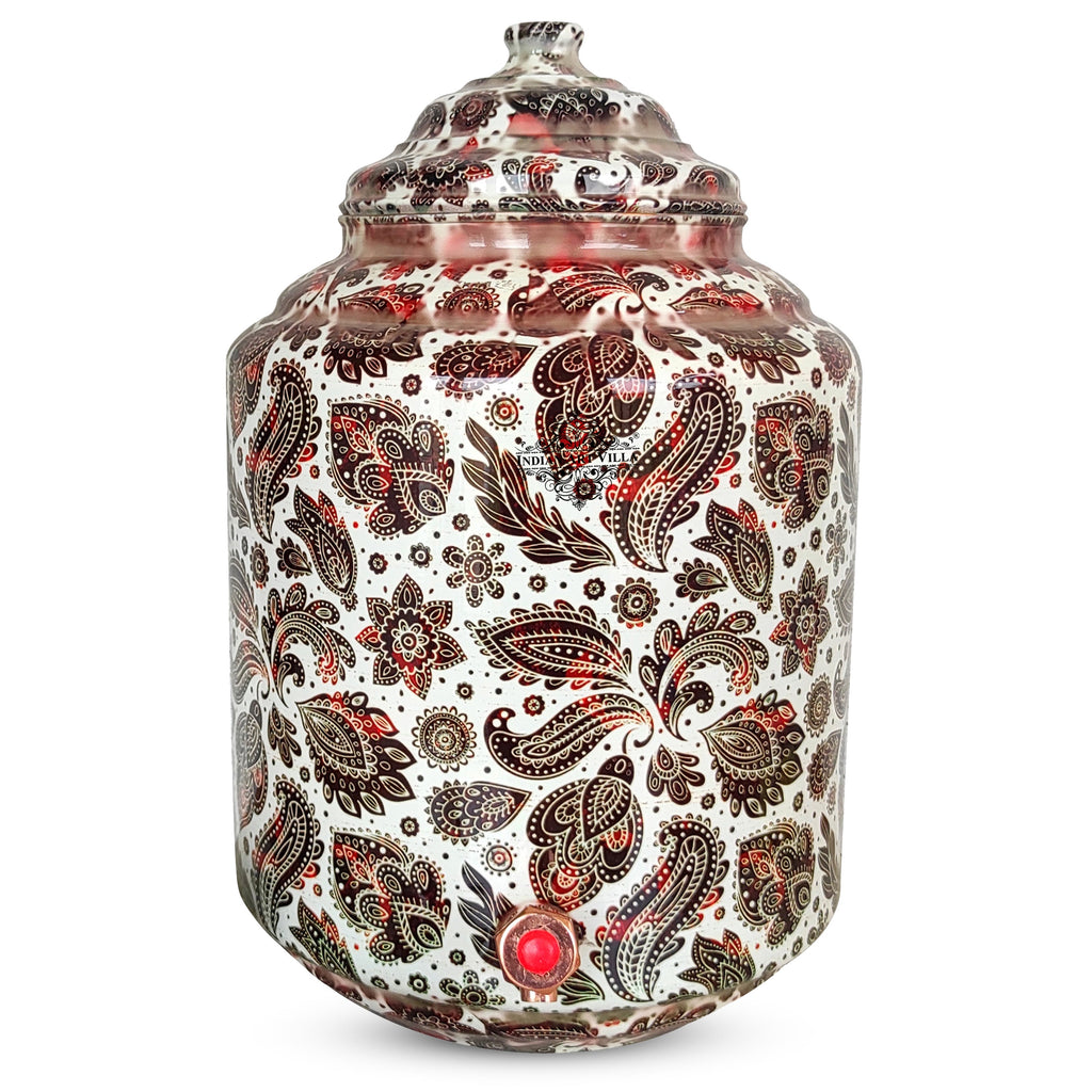 Indian Art Villa Copper Printed Water Pot With White Scarlet Paisley Print, Drinkware & Storage Purpose, Ayurvedic Health Benefits, Volume-13 Liters