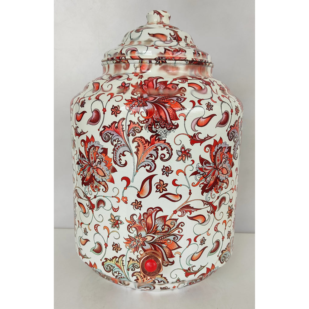 Indian Art Villa Copper Printed Water Pot With White Red Floral Print, Drinkware & Storage Purpose, Ayurvedic Health Benefits, Volume-13 Liters