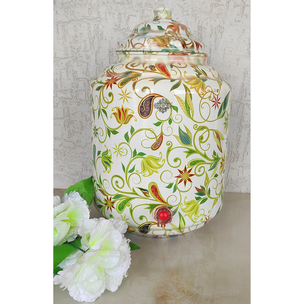 Indian Art Villa Copper Printed Water Pot With White Multicoloured Floral Vines Print, Drinkware & Storage Purpose, Ayurvedic Health Benefits, Volume-13 Liters