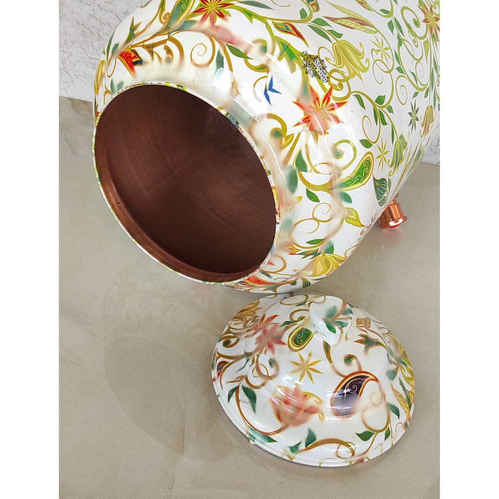 Indian Art Villa Copper Printed Water Pot With White Multicoloured Floral Vines Print, Drinkware & Storage Purpose, Ayurvedic Health Benefits, Volume-13 Liters