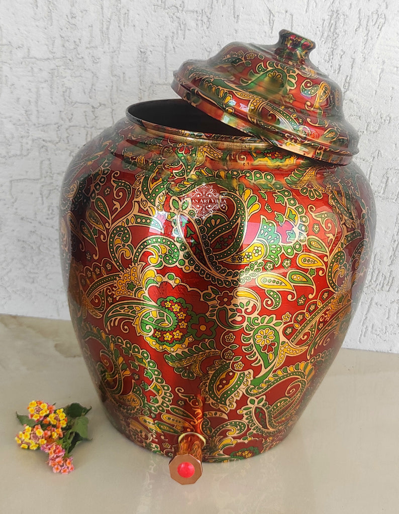 Pure Copper Printed Red And Green Paisley Water Pot, Dispenser, Drinkware, Tableware, 13 Litres