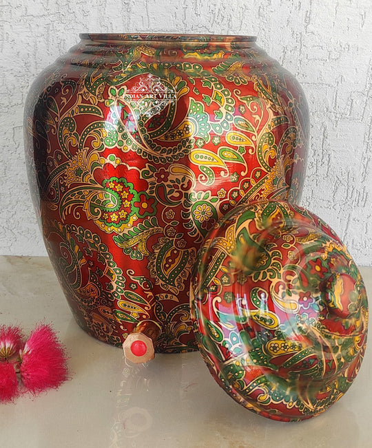 Pure Copper Printed Red And Green Paisley Water Pot