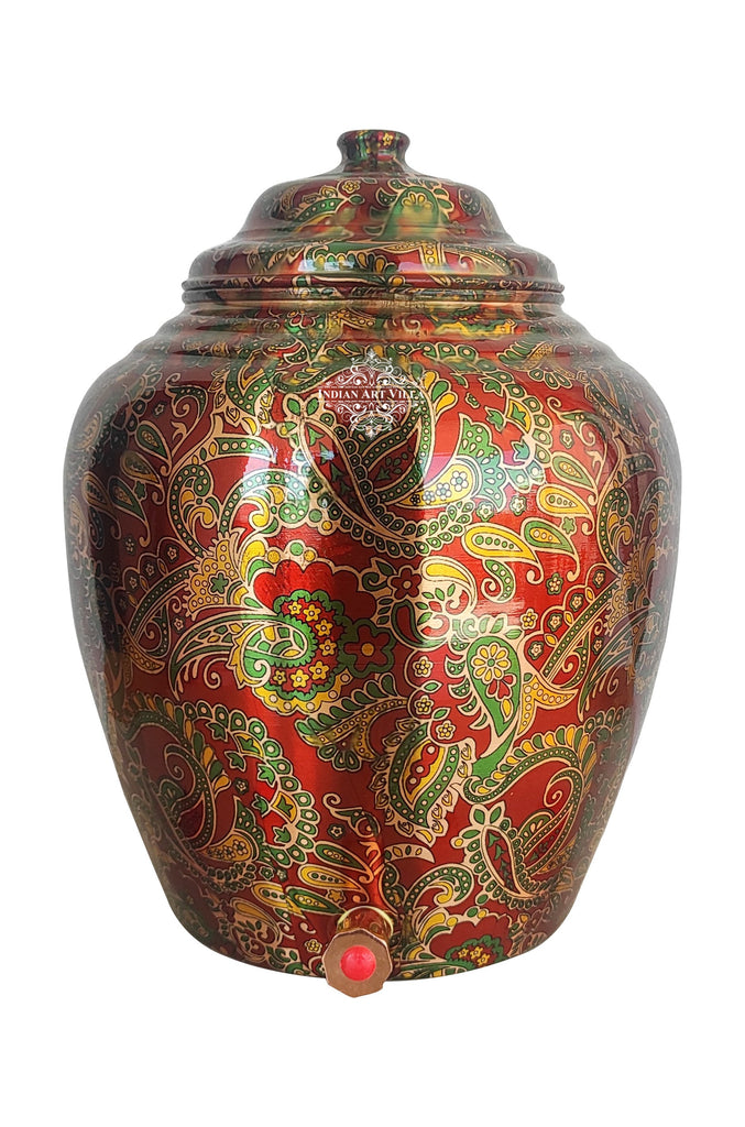 Indian Art Villa Pure Copper Printed Red And Green Paisley Water Pot, Dispenser, Drinkware, Tableware, 13 Litres