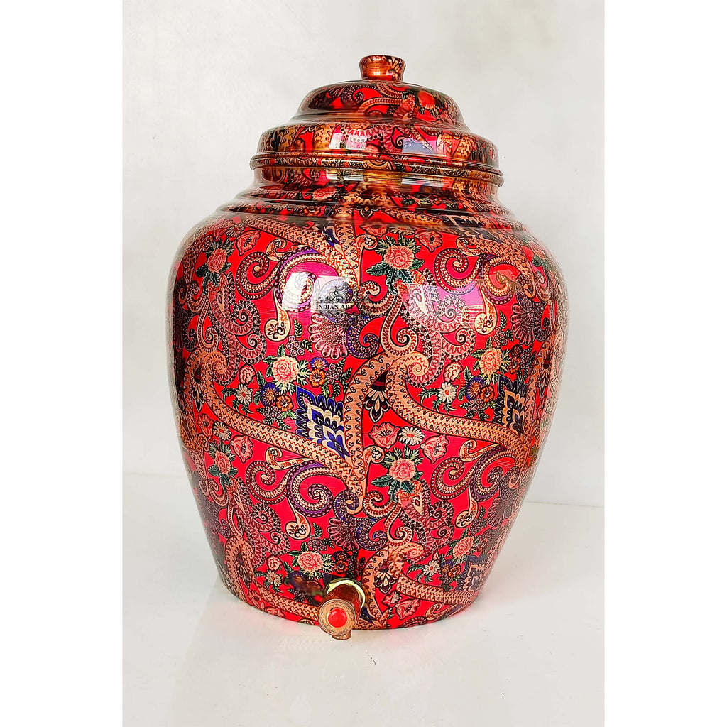 Indian Art Villa Printed Copper Water Dispenser Pot Matka In Candy Red Abstract Print With Brass Tap, Storage, Home Kitchen Garden