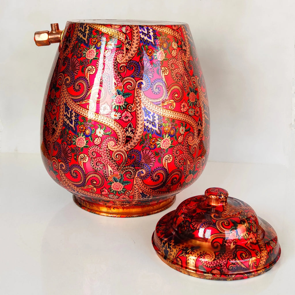 Indian Art Villa Printed Copper Water Dispenser Pot Matka In Candy Red Abstract Print With Brass Tap, Storage, Home Kitchen Garden