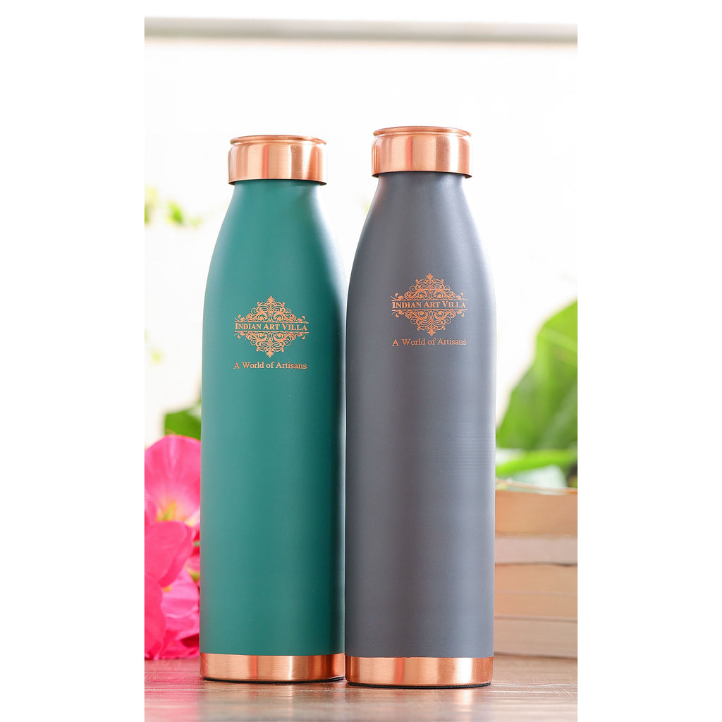Indian Art Villa Pure Copper Lacquer Coated Green & Gray Silk Finish Water Bottle, Drinkware & Storage Purpose, Ayurvedic Health Benefits, Volume-900 ML, Pack Of - 2