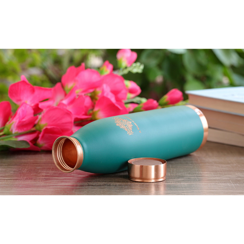 Indian Art Villa Pure Copper Lacquer Coated Green & Gray Silk Finish Water Bottle, Drinkware & Storage Purpose, Ayurvedic Health Benefits, Volume-900 ML, Pack Of - 2