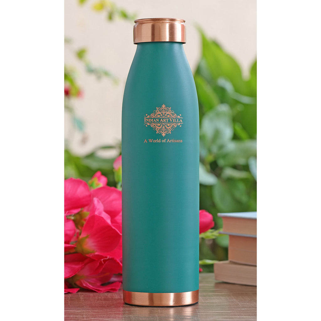 Indian Art Villa Pure Copper Lacquer Coated Turquoise Silk Finish Water Bottle, Drinkware & Storage Purpose, Ayurvedic Health Benefits, Volume-900 ML, Pack Of - 2