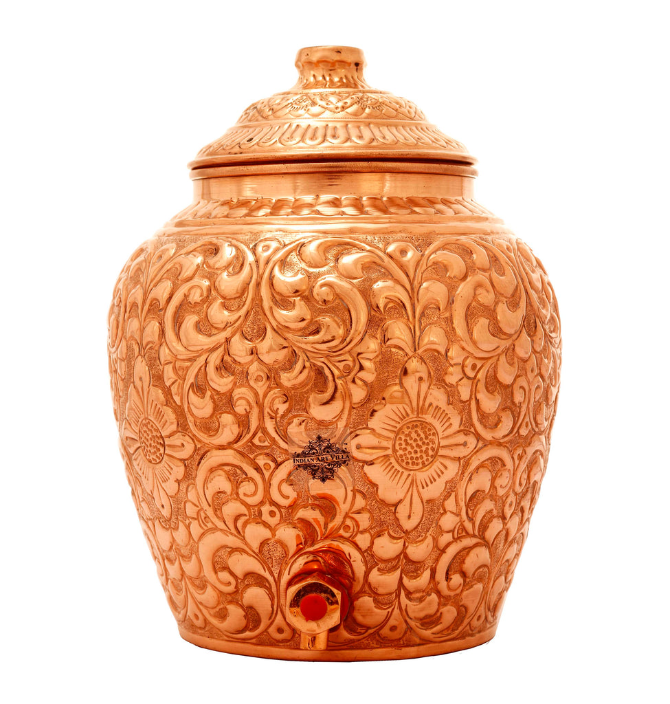Indian Art Villa Pure Copper Water Pot, Embossed Design, Dispenser Pot Matka, Storage water, Gold
