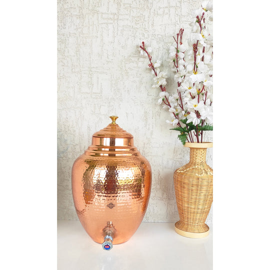 5 litre blue copper matka with tap and stand – colourful tamba matka with tap on iron stand – 5 liter copper water pot with stand