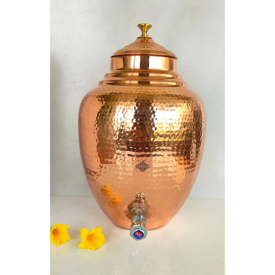 Side of blue 5L copper matka with tap on stand showing full assembly and blue finish – copper water pot with stand