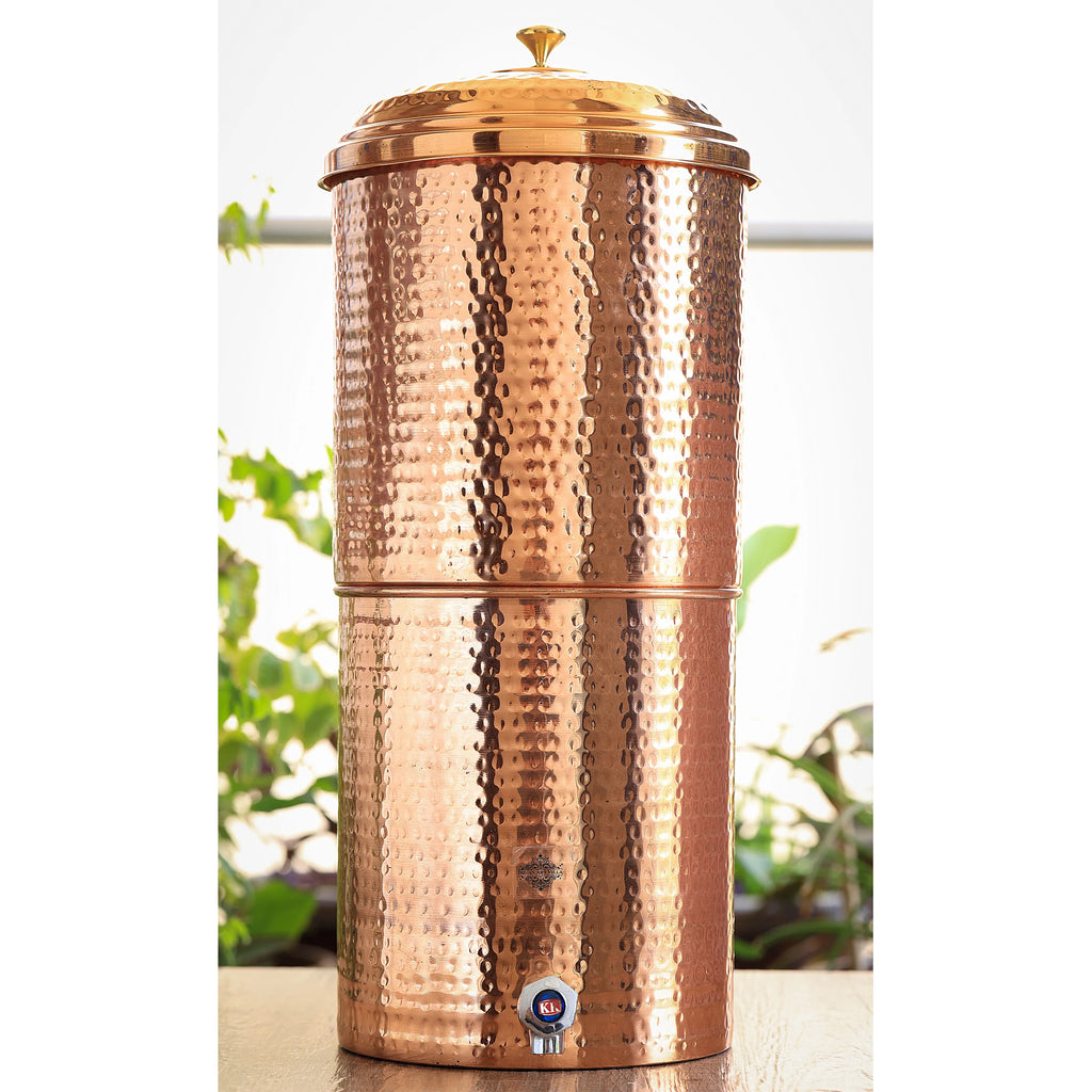 Indian Art Villa Pure Copper Hammered Design Filter Water Dispenser Pot With Candle Inside, Storage Water in Home Kitchen Garden