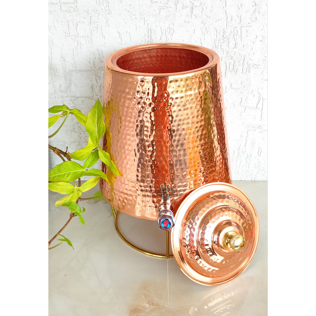 Indian Art Villa Pure Copper Hammered Design Double Wall Water Dispenser / Pot / Tank With Brass Tap & Stand, Storage Water in Home Kitchen Garden, Volume-10 Ltrs