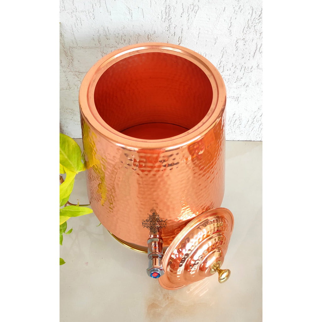Indian Art Villa Pure Copper Hammered Design Double Wall Water Dispenser / Pot / Tank With Brass Tap & Stand, Storage Water in Home Kitchen Garden, Volume-10 Ltrs