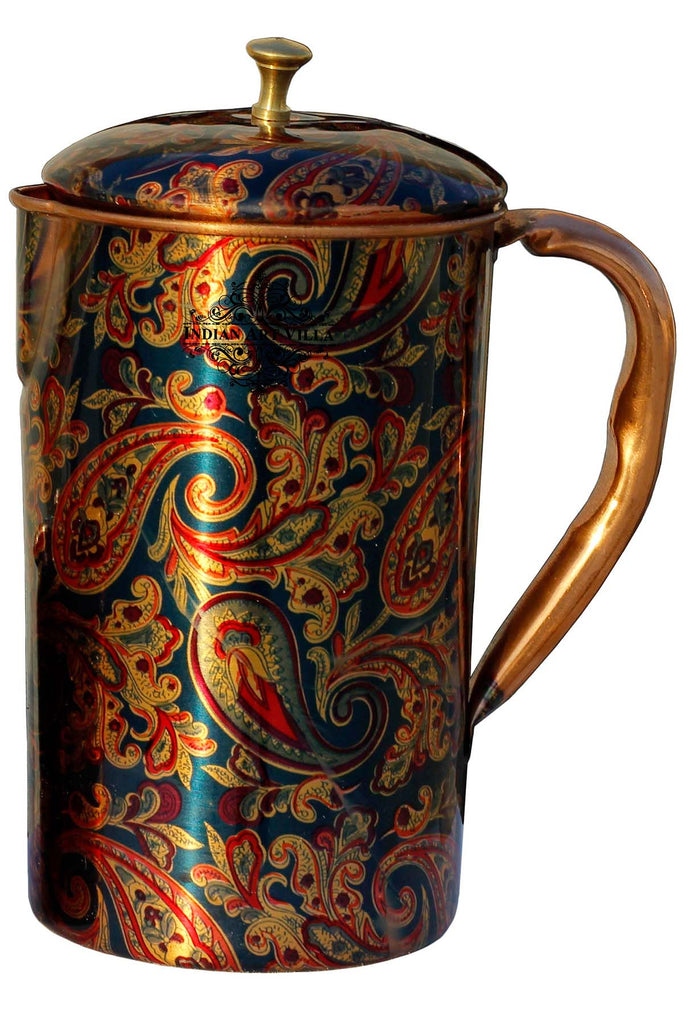 INDIAN ART VILLA Pure Copper Jug Pitcher with Glass Set, Printed Design, Serving water
