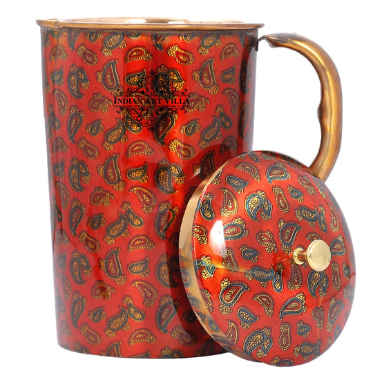 Pure Copper Paisley Printed Design Jug With Brass Knob on Lid