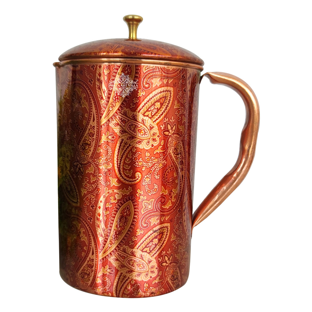 Indian Art Villa Pure Copper Paisley Printed Design Jug, Pitcher With Brass Knob on Lid, Serveware, Drinkware, 1500ml