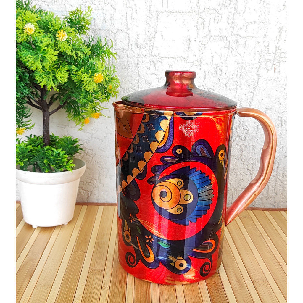 Indian Art Villa Pure Copper Jug With Red Leaf Abstract Print, Serveware & Drinkware, Beneficial for Health