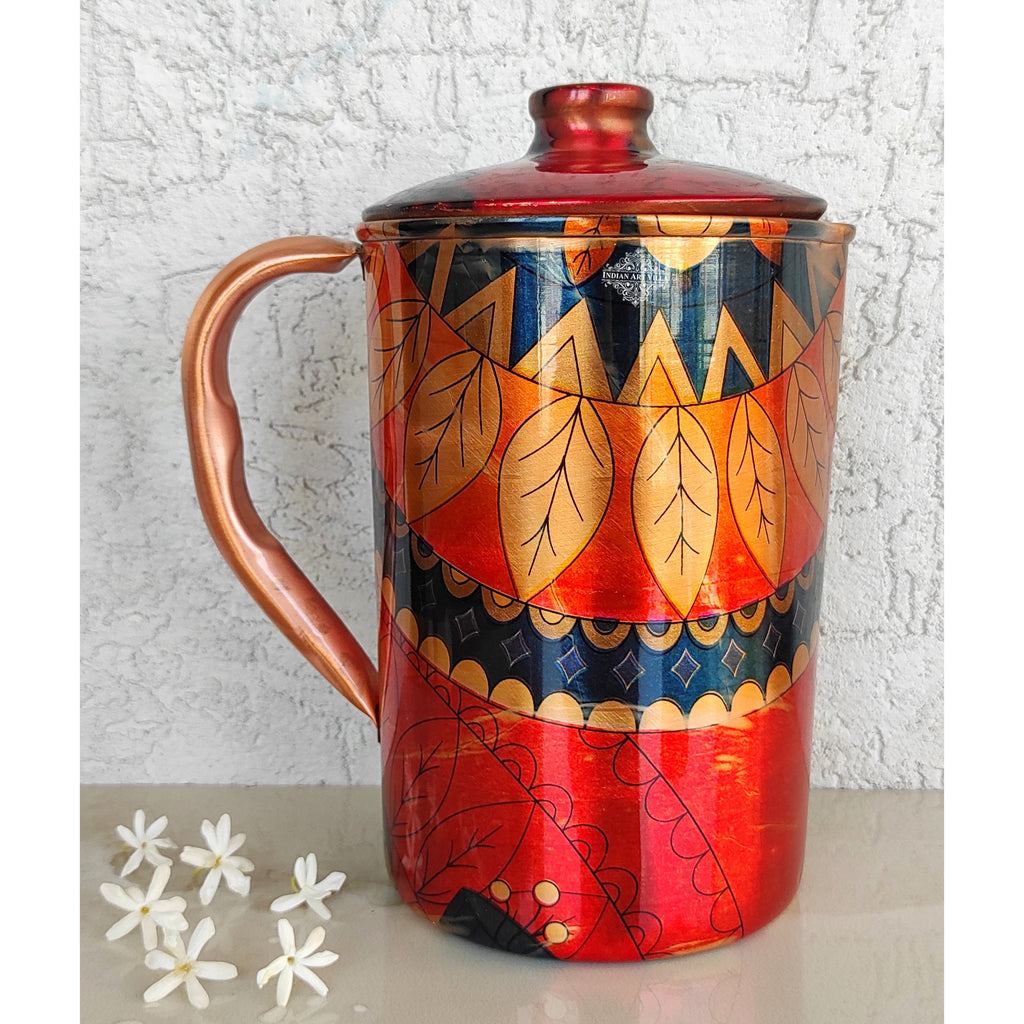 Indian Art Villa Pure Copper Jug With Red Leaf Abstract Print, Serveware & Drinkware, Beneficial for Health