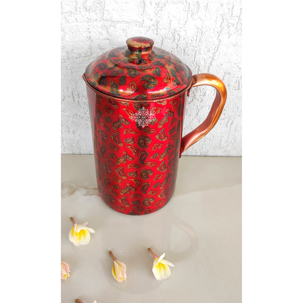 Indian Art Villa Pure Copper Jug With Red Mini Paisley Print, Serveware & Drinkware, Beneficial for Health