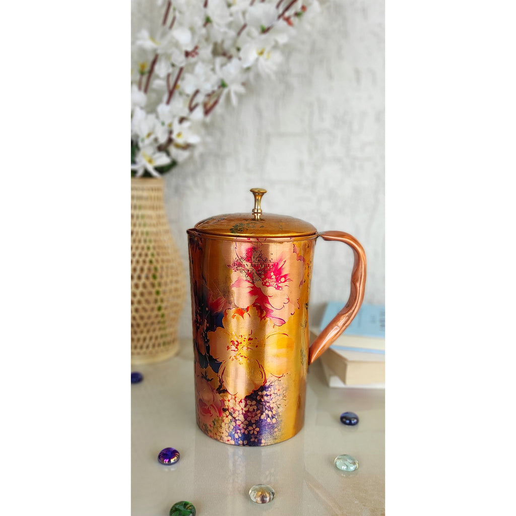 Indian Art Villa Pure Copper Jug With Golden Floral Print & Brass Knob On Top, Serveware & Drinkware, Beneficial for Health