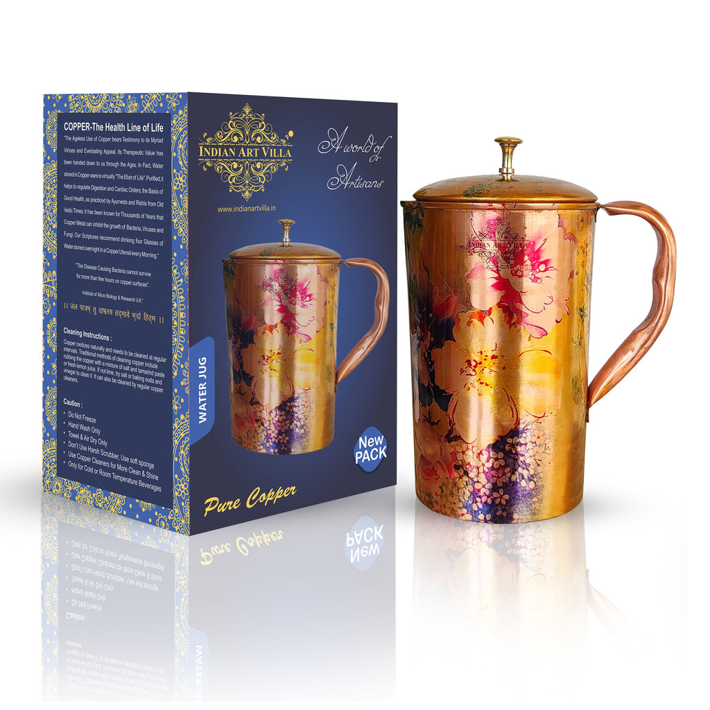 Indian Art Villa Pure Copper Jug With Golden Floral Print & Brass Knob On Top, Serveware & Drinkware, Beneficial for Health