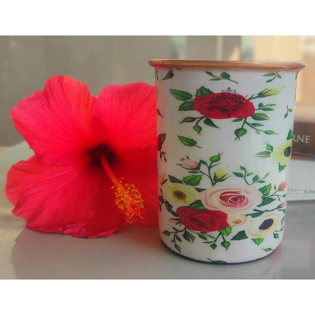 Indian Art Villa Copper White Floral Printed Glass, Drinkware & Serveware, Good Health Benefits, 300 ML