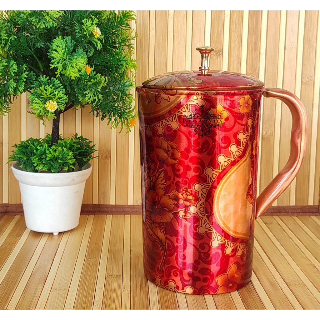 Indian Art Villa Pure Copper Jug With Red Floral Abstract Print & Brass Knob On Top, Serveware & Drinkware, Beneficial for Health