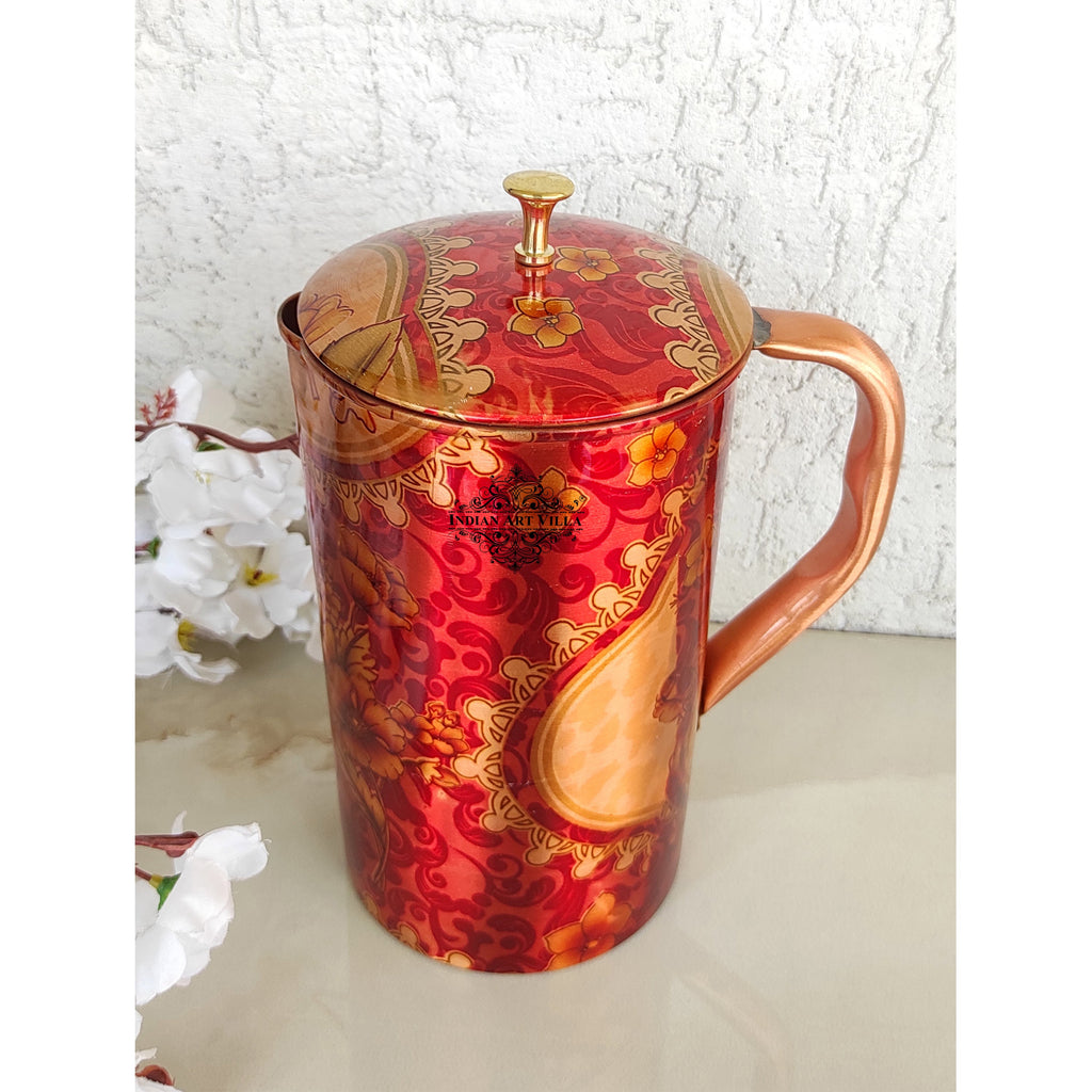 Indian Art Villa Pure Copper Jug With Red Floral Abstract Print & Brass Knob On Top, Serveware & Drinkware, Beneficial for Health