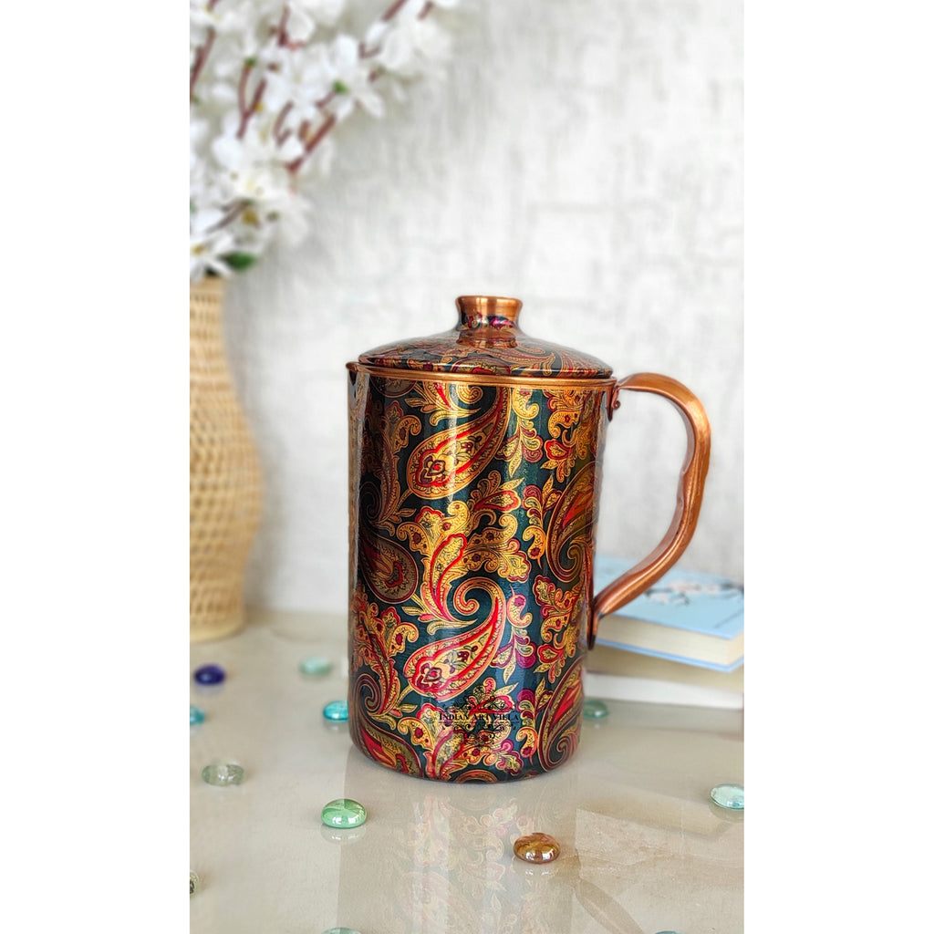 Indian Art Villa Pure Copper Jug With Golden Paisley Print & Blue Colour, Serveware & Drinkware, Beneficial for Health
