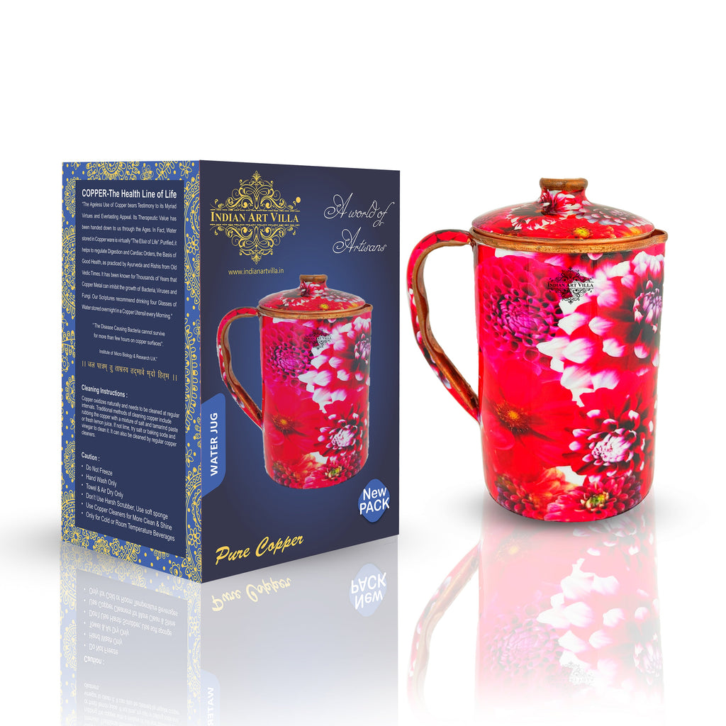 Indian Art Villa Pure Copper Jug With Red Big Floral Print, Serveware & Drinkware, Beneficial for Health, Volume-2000 ML