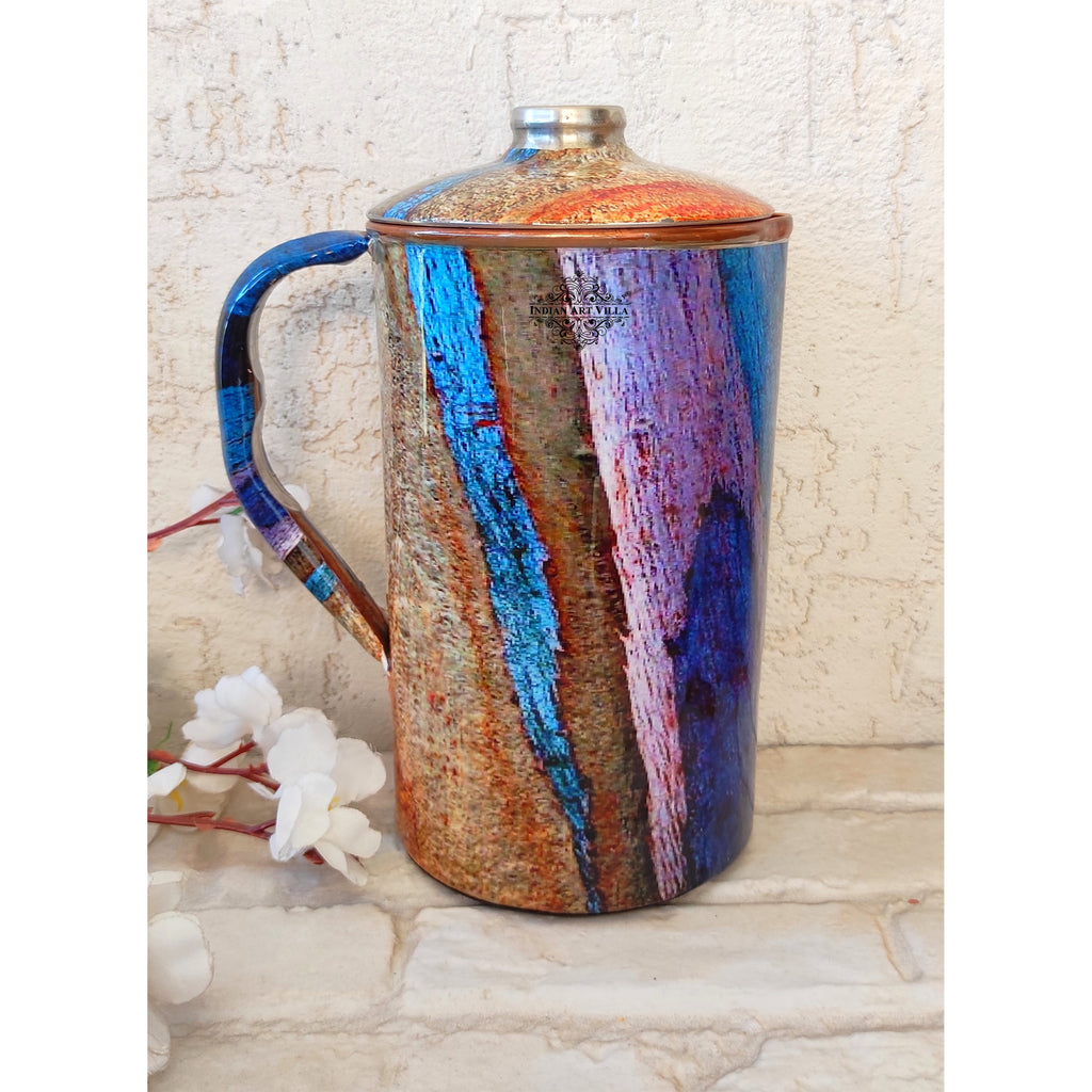 Indian Art Villa Pure Copper Jug With Blue & Brown Stone Print, Serveware & Drinkware, Beneficial for Health