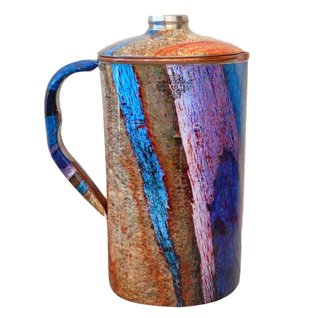 Indian Art Villa Pure Copper Jug With Blue & Brown Stone Print, Serveware & Drinkware, Beneficial for Health