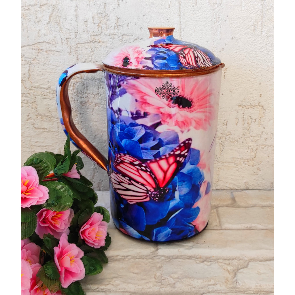 Indian Art Villa Pure Copper Jug With Sky Blue Butterfly Print, Serveware & Drinkware, Beneficial for Health, Volume-2000 ML