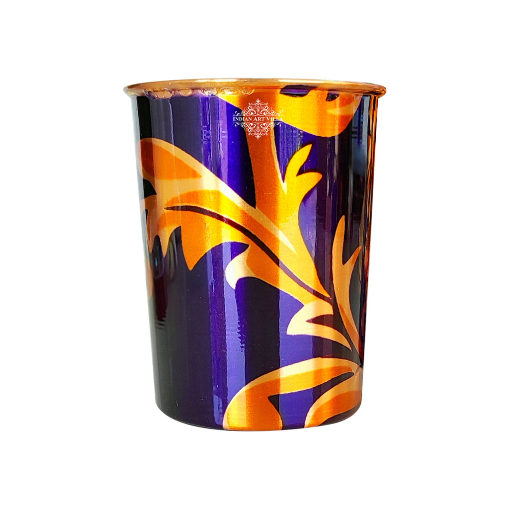 Indian Art Villa Pure Copper Printed Glass with Leaf Print , Serveware & Drinkware, Beneficial for Health, Volume-300 ML