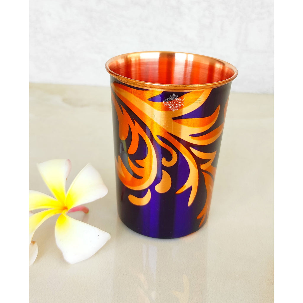 Indian Art Villa Pure Copper Printed Glass with Leaf Print , Serveware & Drinkware, Beneficial for Health, Volume-300 ML